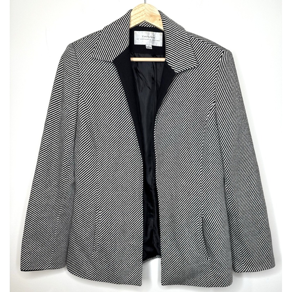 Tahari Arthur Levine Open Wool Blazer Women's 8 Stripe Black White Office Work